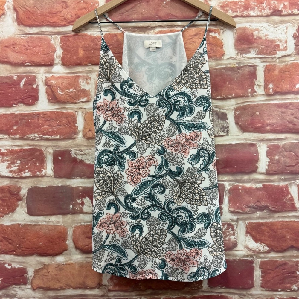 Ann Taylor Loft Top Women's Large White Multicolor Boho Floral Tank Shirt